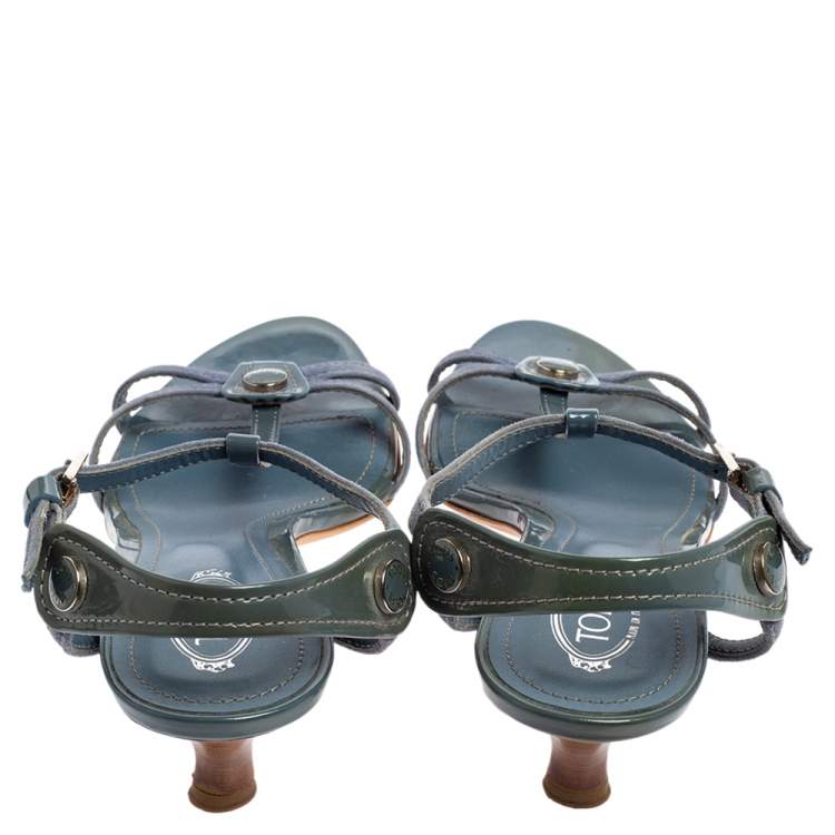 Pre Owned Tod's Stone Blue Suede and Patent Leather T Strap Sandals Size 37