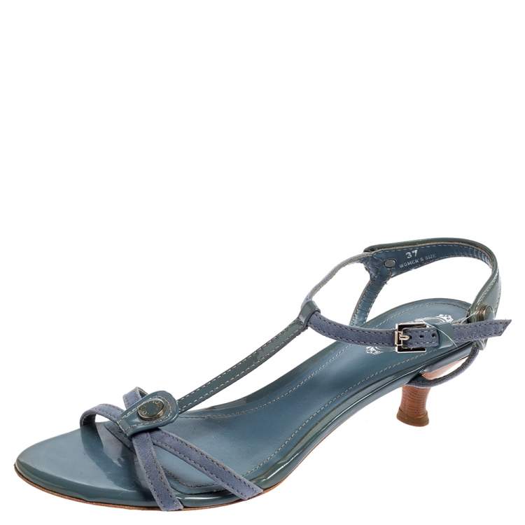 Pre Owned Tod's Stone Blue Suede and Patent Leather T Strap Sandals Size 37