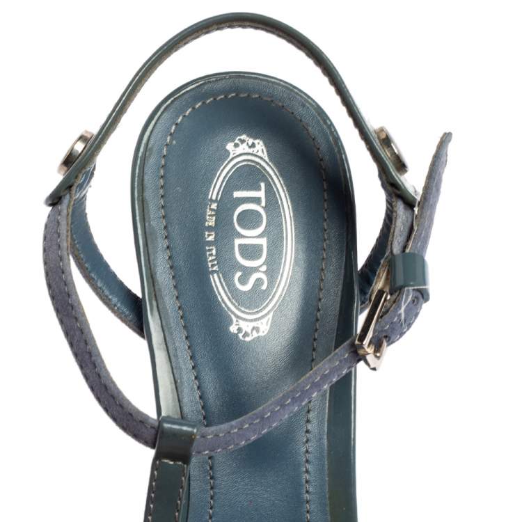 Pre Owned Tod's Stone Blue Suede and Patent Leather T Strap Sandals Size 37