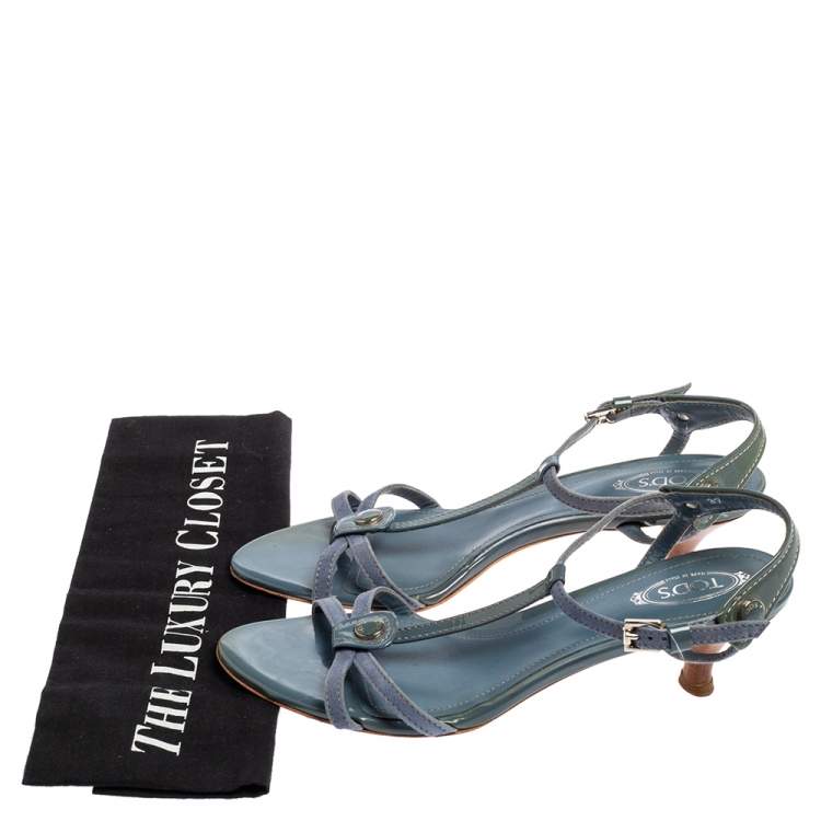Pre Owned Tod's Stone Blue Suede and Patent Leather T Strap Sandals Size 37