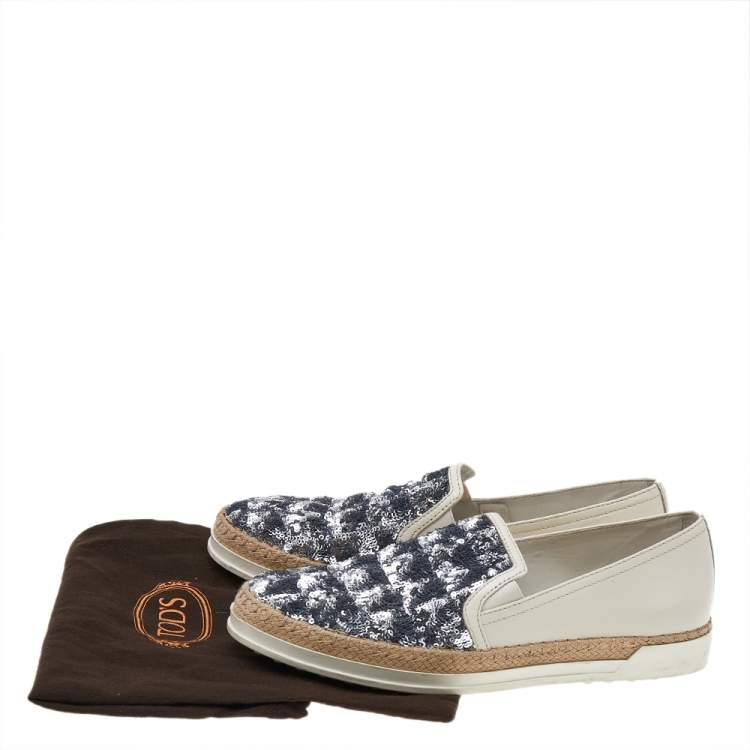 Pre Owned Tod's Cream Leather Sequin Embellished Espadrille Slip On Sneakers Size 38