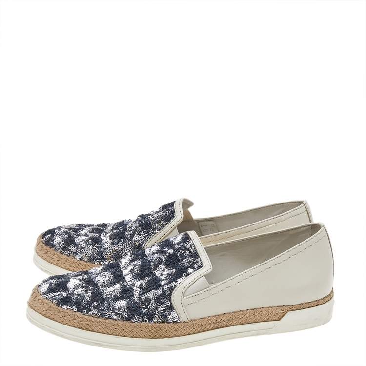 Pre Owned Tod's Cream Leather Sequin Embellished Espadrille Slip On Sneakers Size 38