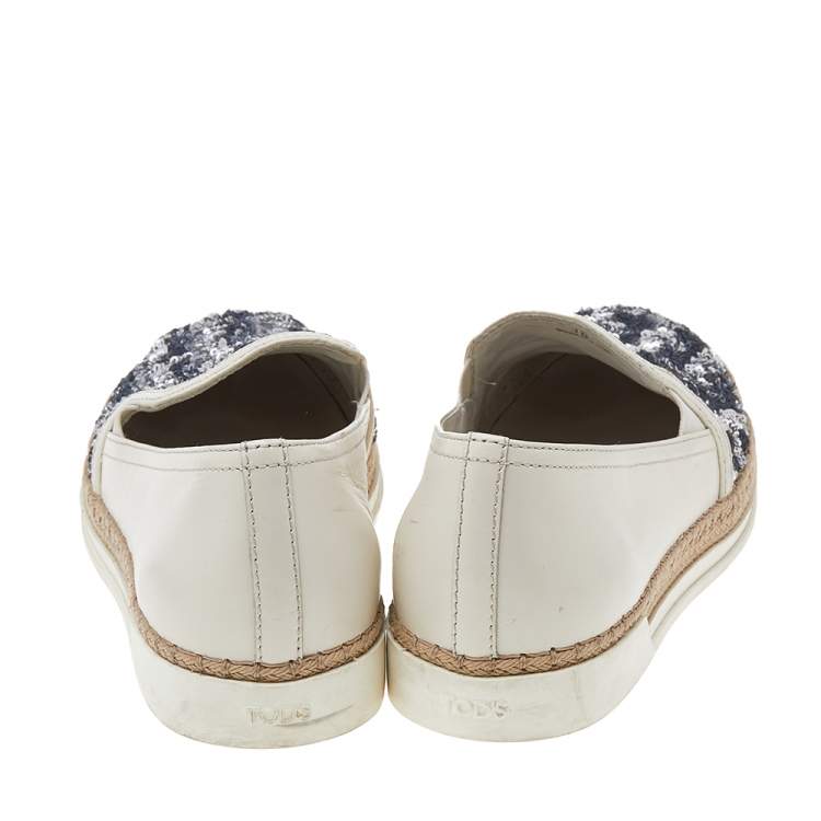 Pre Owned Tod's Cream Leather Sequin Embellished Espadrille Slip On Sneakers Size 38