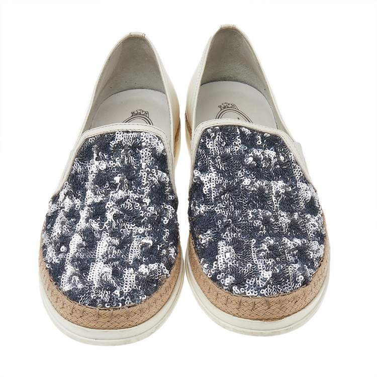 Pre Owned Tod's Cream Leather Sequin Embellished Espadrille Slip On Sneakers Size 38