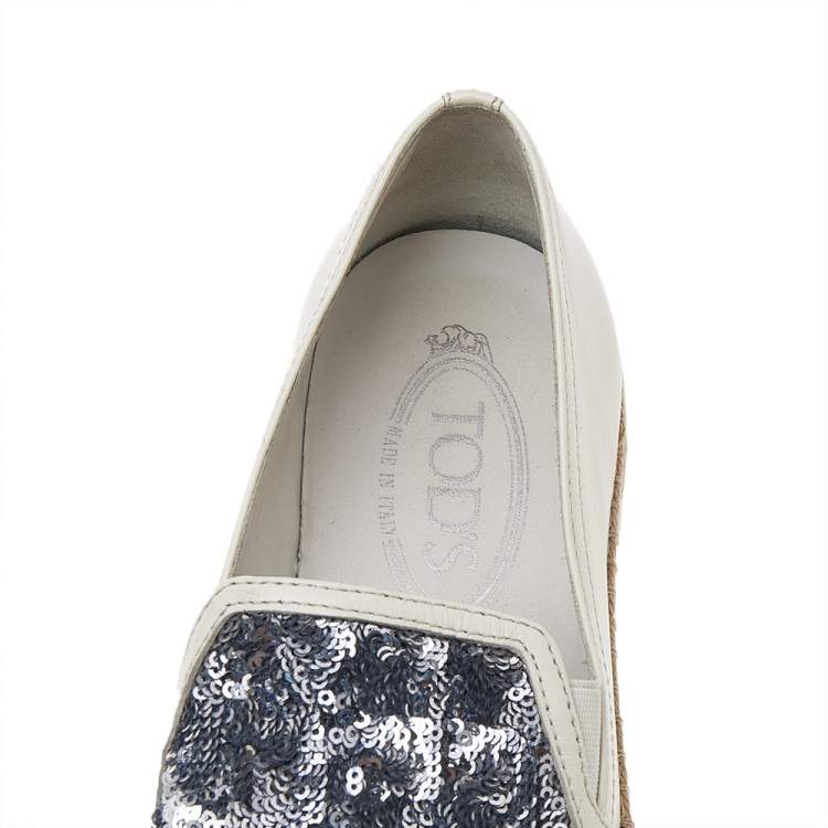 Pre Owned Tod's Cream Leather Sequin Embellished Espadrille Slip On Sneakers Size 38