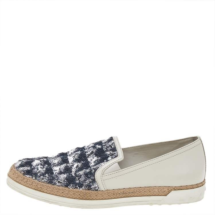 Pre Owned Tod's Cream Leather Sequin Embellished Espadrille Slip On Sneakers Size 38