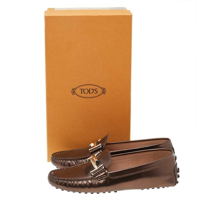 Pre Owned Tod's Metallic Brown Leather Double T Slip On Loafers Size 35.5