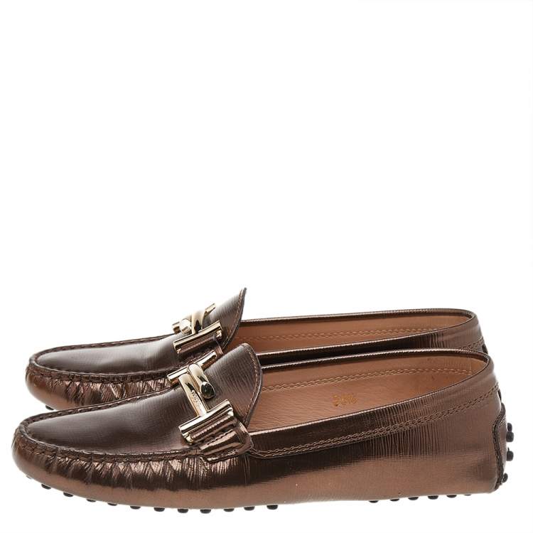 Pre Owned Tod's Metallic Brown Leather Double T Slip On Loafers Size 35.5