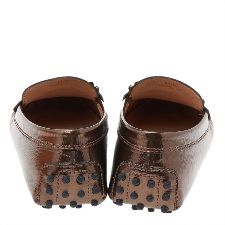 Pre Owned Tod's Metallic Brown Leather Double T Slip On Loafers Size 35.5