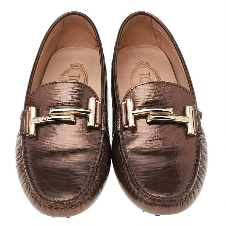Pre Owned Tod's Metallic Brown Leather Double T Slip On Loafers Size 35.5