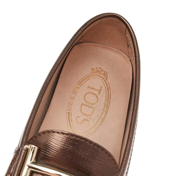 Pre Owned Tod's Metallic Brown Leather Double T Slip On Loafers Size 35.5