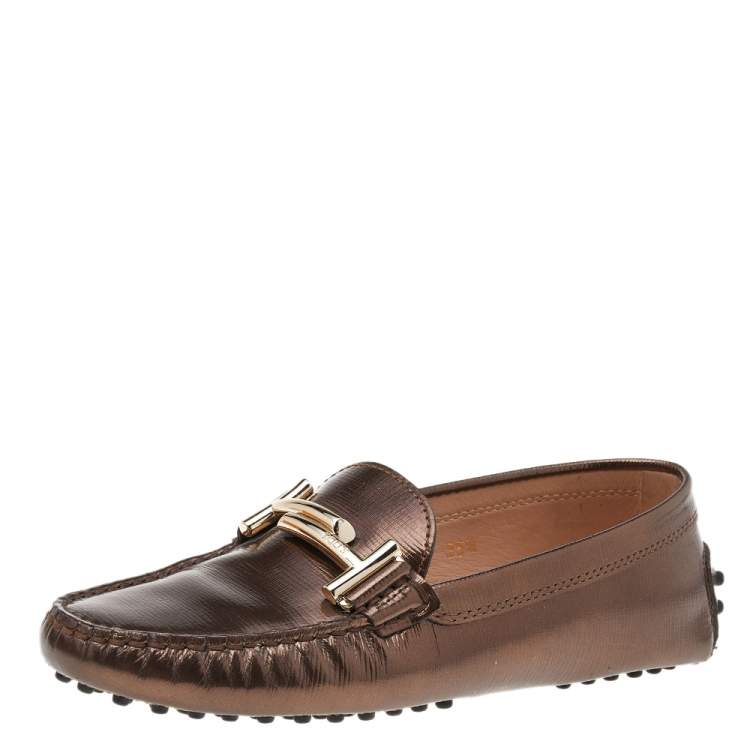 Pre Owned Tod's Metallic Brown Leather Double T Slip On Loafers Size 35.5