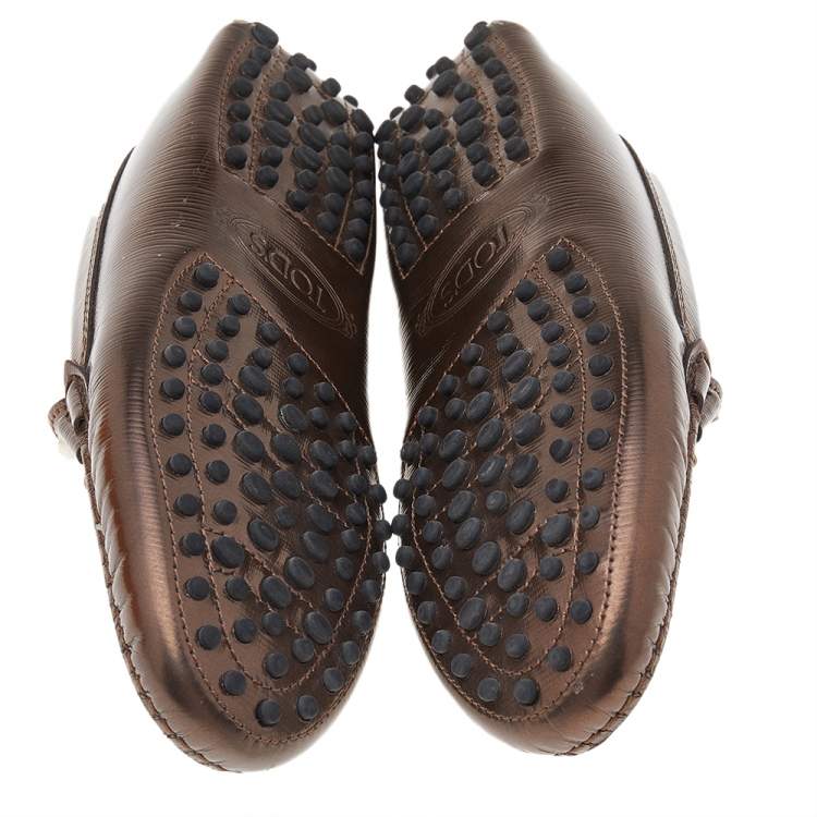 Pre Owned Tod's Metallic Brown Leather Double T Slip On Loafers Size 35.5