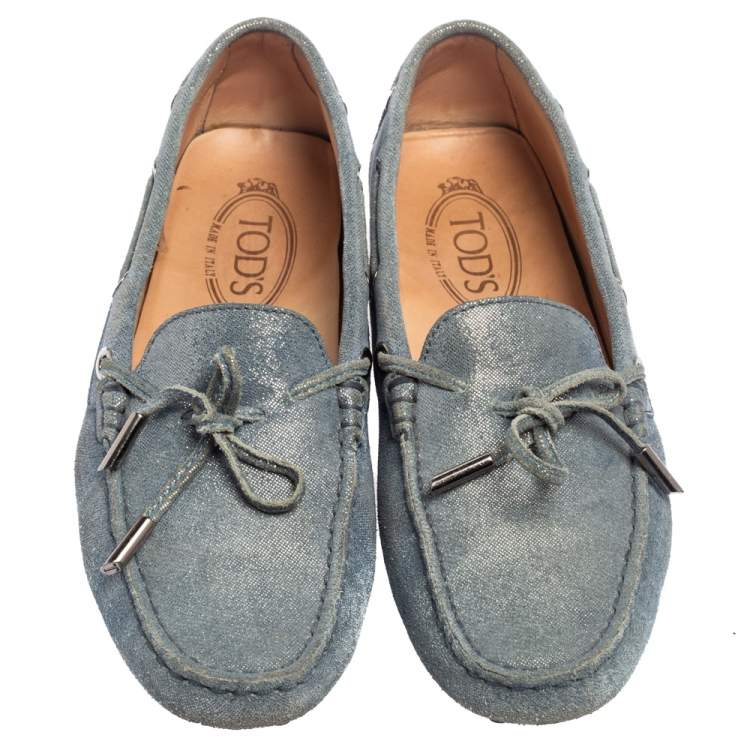 Pre Owned Tod's Blue Suede Driver Penny Slip On Loafers Size 38