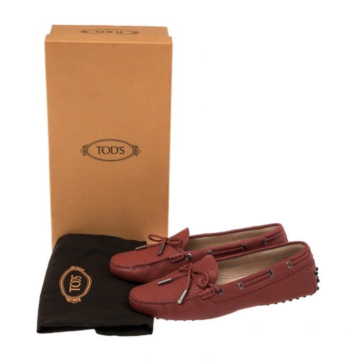 Pre Owned Tod's Red  Leather Bow Slip On Loafers Size 38