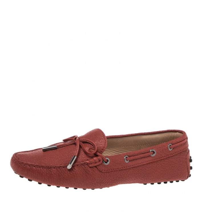 Pre Owned Tod's Red  Leather Bow Slip On Loafers Size 38