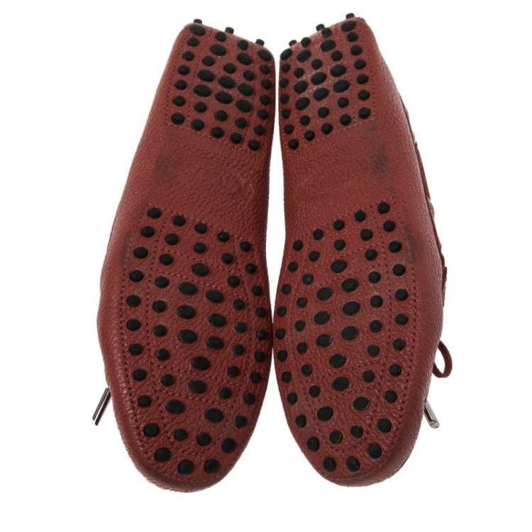 Pre Owned Tod's Red  Leather Bow Slip On Loafers Size 38