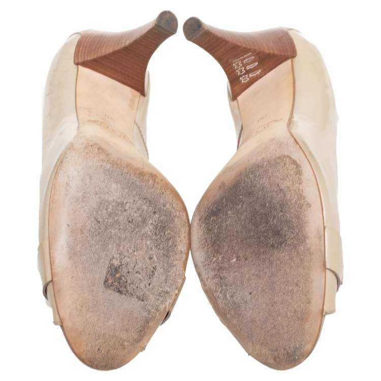 Pre Owned Tod's Beige Patent Leather Horsebit Open Toe Loafer Pumps Size 38