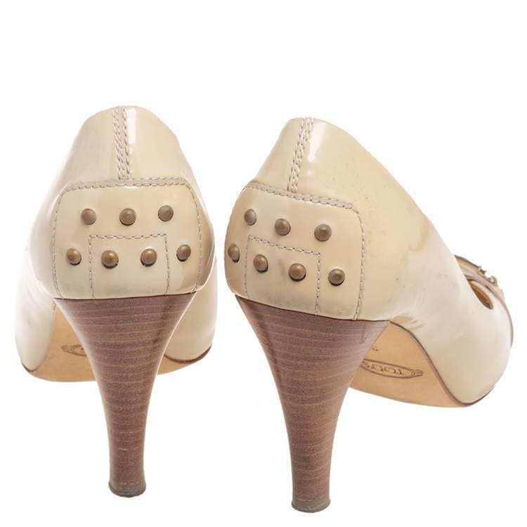 Pre Owned Tod's Beige Patent Leather Horsebit Open Toe Loafer Pumps Size 38