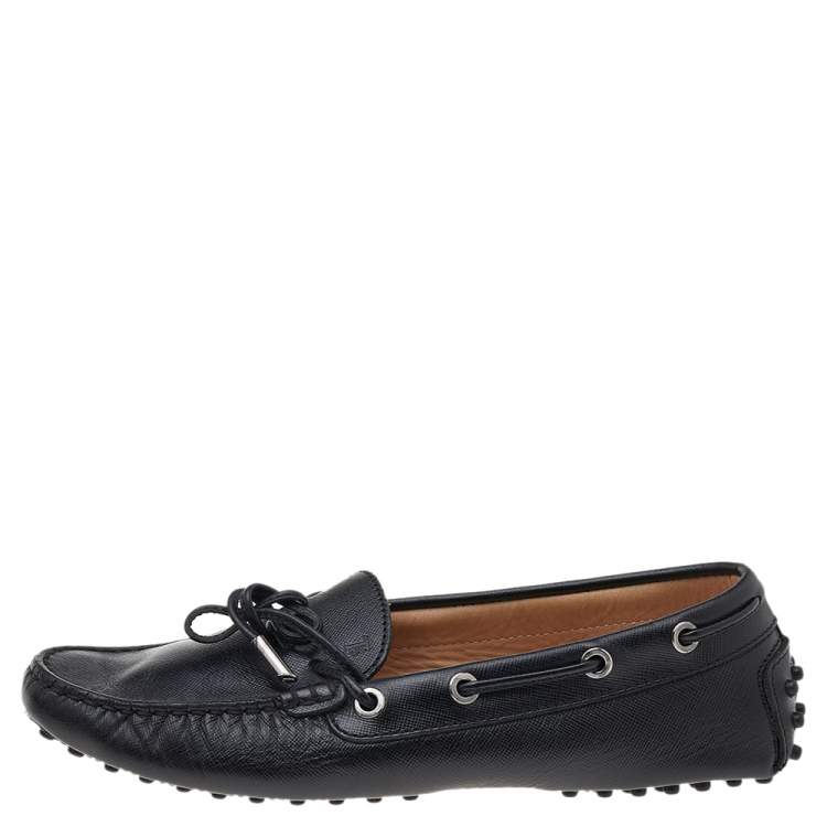 Pre Owned Tod's Black Leather Bow Slip on Loafers Size 37