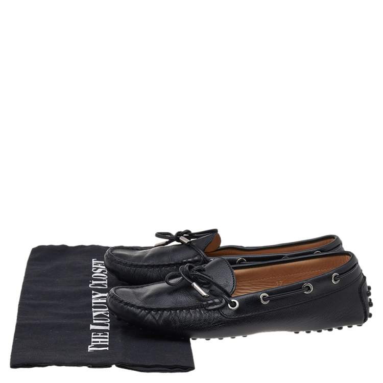 Pre Owned Tod's Black Leather Bow Slip on Loafers Size 37