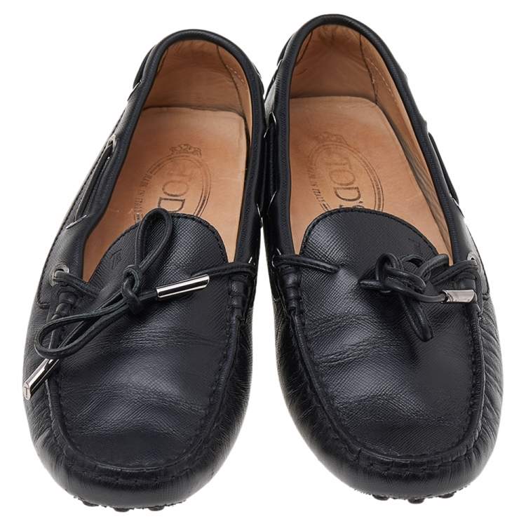 Pre Owned Tod's Black Leather Bow Slip on Loafers Size 37