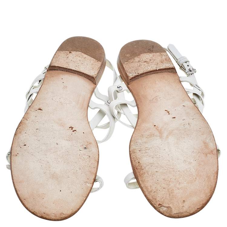 Pre Owned Tod's White Leather Strappy Flat Sandals Size 38.5