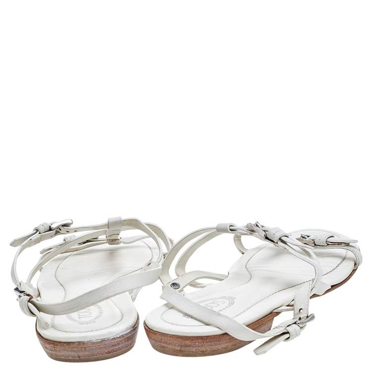 Pre Owned Tod's White Leather Strappy Flat Sandals Size 38.5