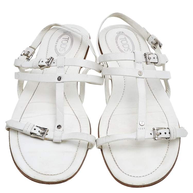 Pre Owned Tod's White Leather Strappy Flat Sandals Size 38.5