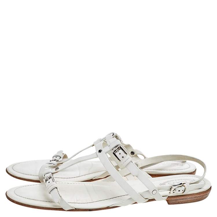 Pre Owned Tod's White Leather Strappy Flat Sandals Size 38.5