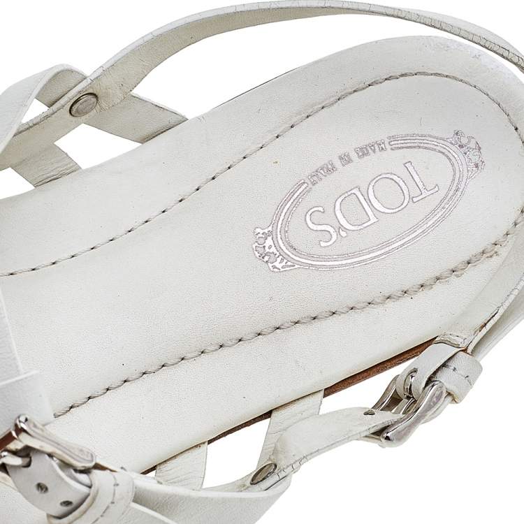 Pre Owned Tod's White Leather Strappy Flat Sandals Size 38.5