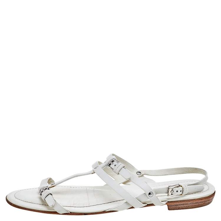 Pre Owned Tod's White Leather Strappy Flat Sandals Size 38.5