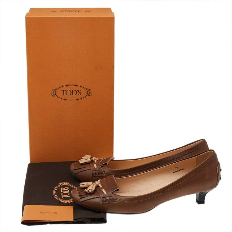 Pre Owned Tod's Brown Leather Square Toe Fringe Loafer Pumps Size 39
