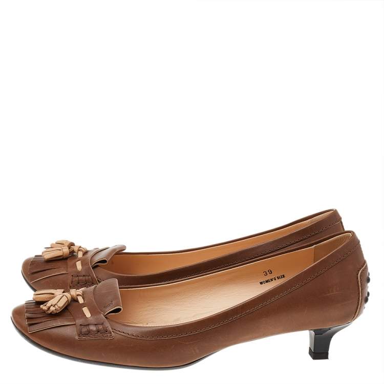 Pre Owned Tod's Brown Leather Square Toe Fringe Loafer Pumps Size 39