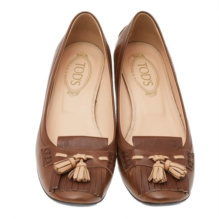 Pre Owned Tod's Brown Leather Square Toe Fringe Loafer Pumps Size 39