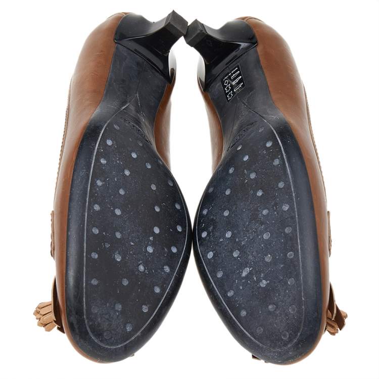 Pre Owned Tod's Brown Leather Square Toe Fringe Loafer Pumps Size 39