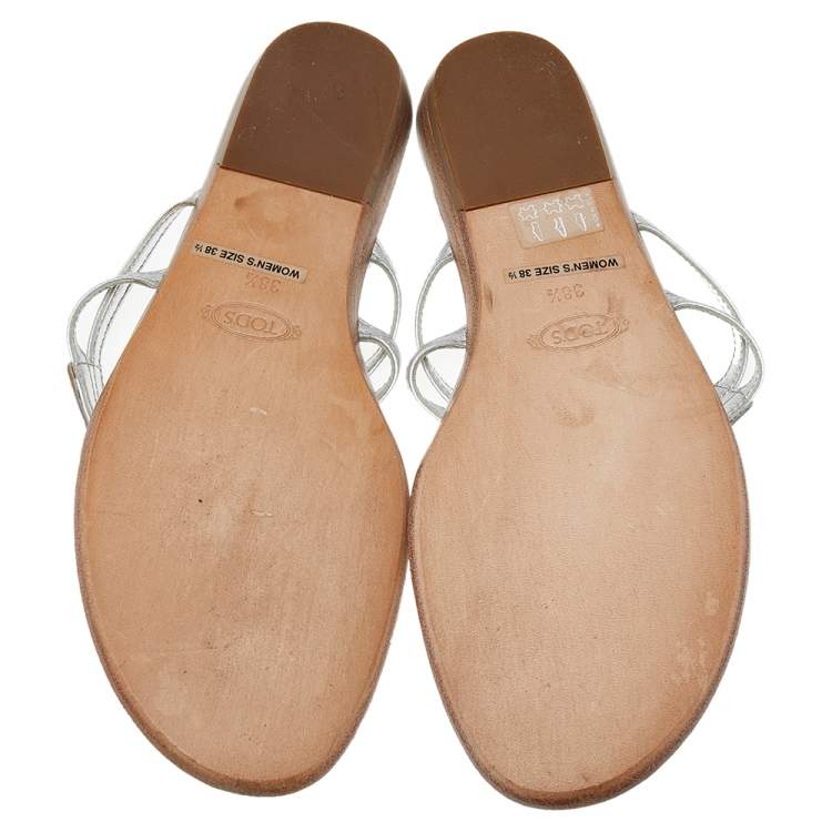 Pre Owned Tod's Silver Leather Thong Flat Sandals Size 38.5