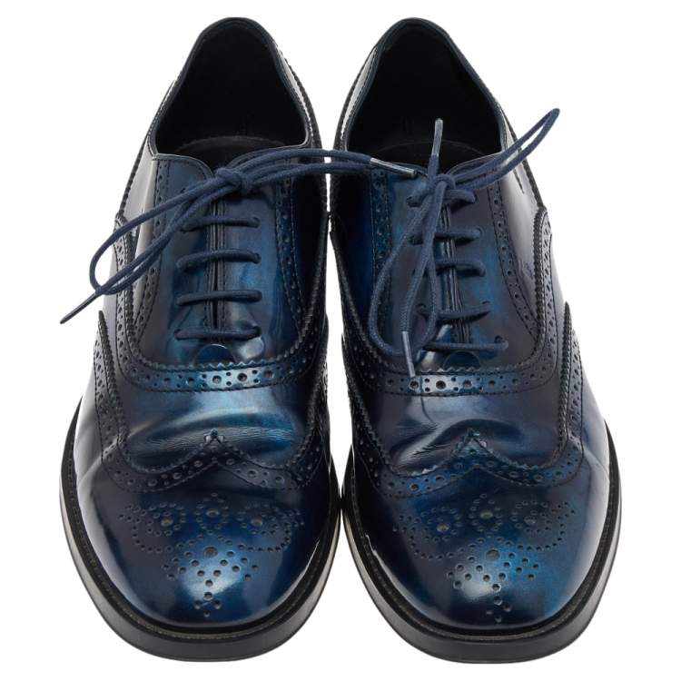 Pre Owned Tod's Blue Brogue Leather Lace Up Oxfords Size 38
