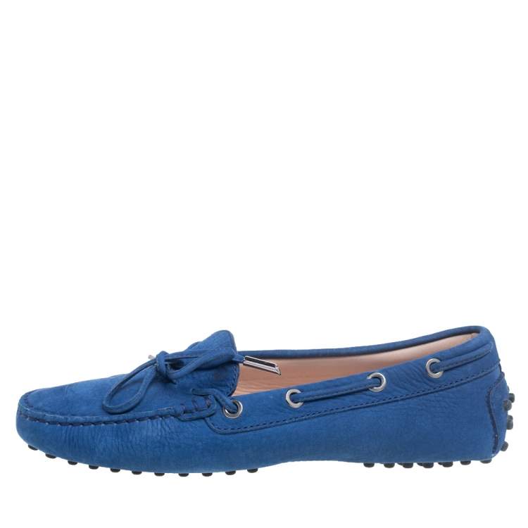 Pre Owned Tod's Blue Suede Bow Driving Loafers Size 36.5