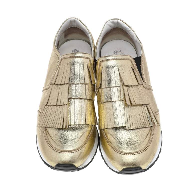 Pre Owned Tod's Gold Leather Fringe Detail Low Top Sneakers Size 39