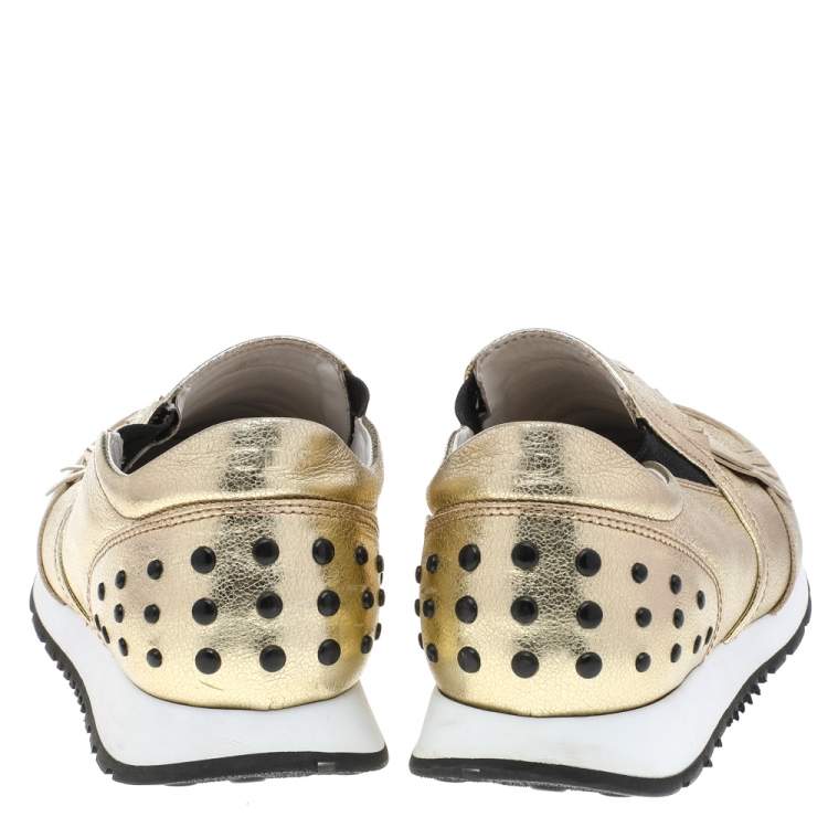 Pre Owned Tod's Gold Leather Fringe Detail Low Top Sneakers Size 39