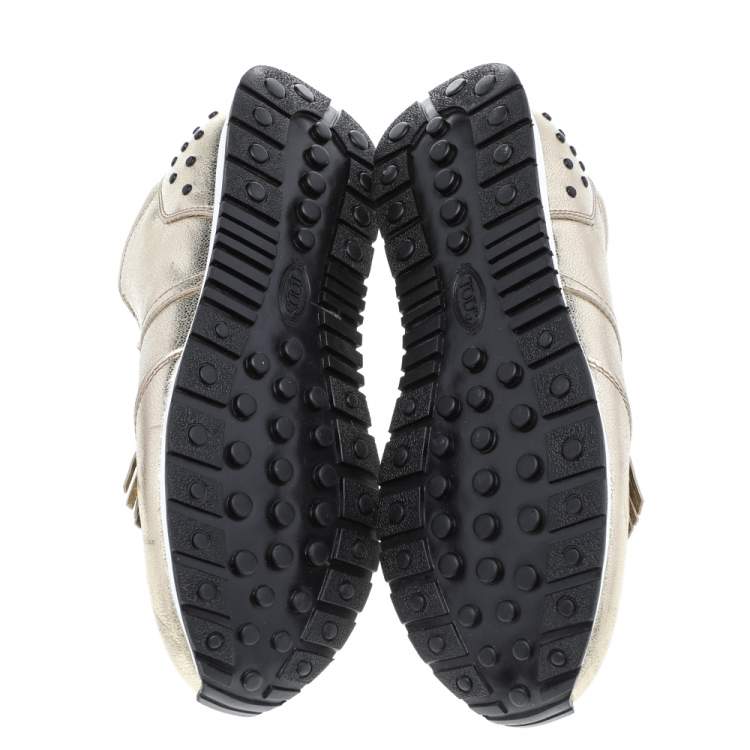 Pre Owned Tod's Gold Leather Fringe Detail Low Top Sneakers Size 39