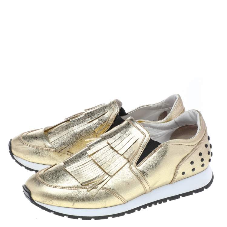 Pre Owned Tod's Gold Leather Fringe Detail Low Top Sneakers Size 39