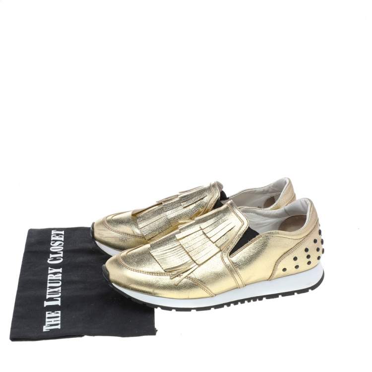 Pre Owned Tod's Gold Leather Fringe Detail Low Top Sneakers Size 39