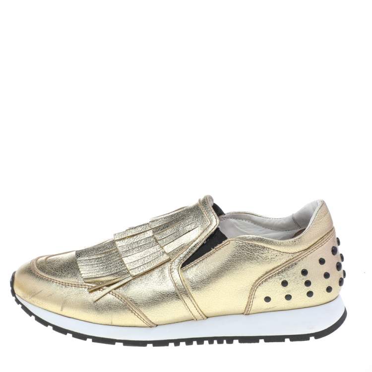 Pre Owned Tod's Gold Leather Fringe Detail Low Top Sneakers Size 39