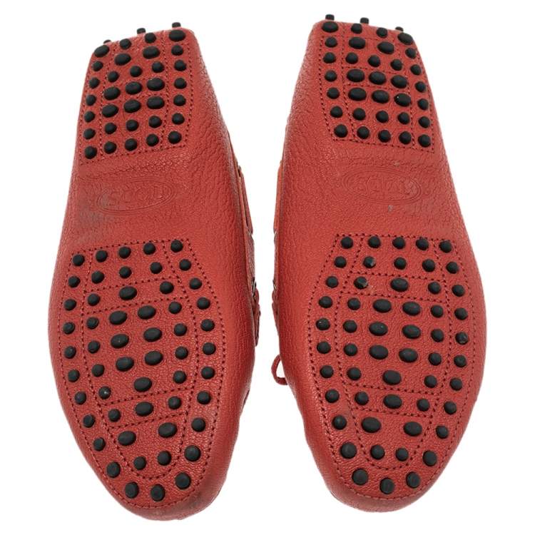 Pre Owned Tod's Red Leather Bow Slip On Loafers Size 38