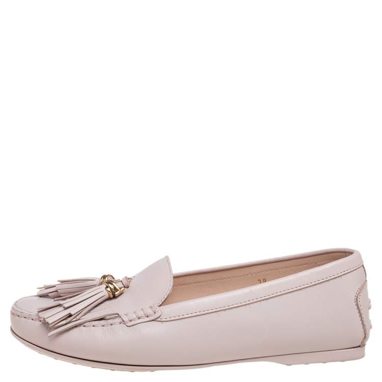 Pre Owned Tod's Beige Leather Tassel Loafers Size 38