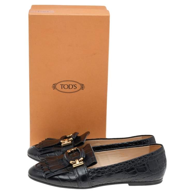 Pre Owned Tod's Black Croc Embossed Leather Tassel Fringe Loafers Size 39