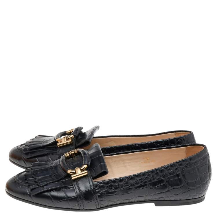 Pre Owned Tod's Black Croc Embossed Leather Tassel Fringe Loafers Size 39
