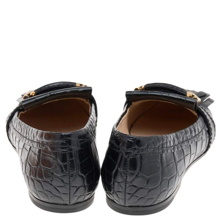 Pre Owned Tod's Black Croc Embossed Leather Tassel Fringe Loafers Size 39